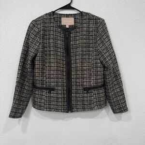 Banana Republic Petite Tweed Blazer Jacket Moto Zip Black Tan Women's 6P